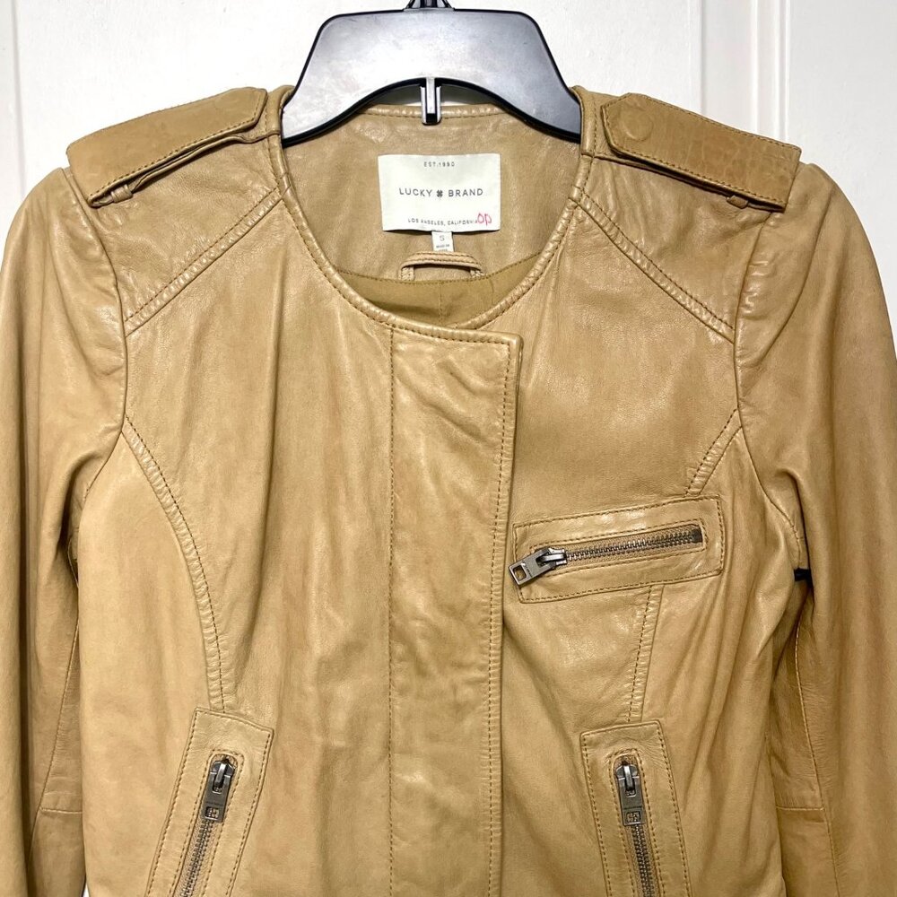 Lucky Brand Tan Leather Moto Jacket W/ Zipper Details Size S - Picture 3 of 12